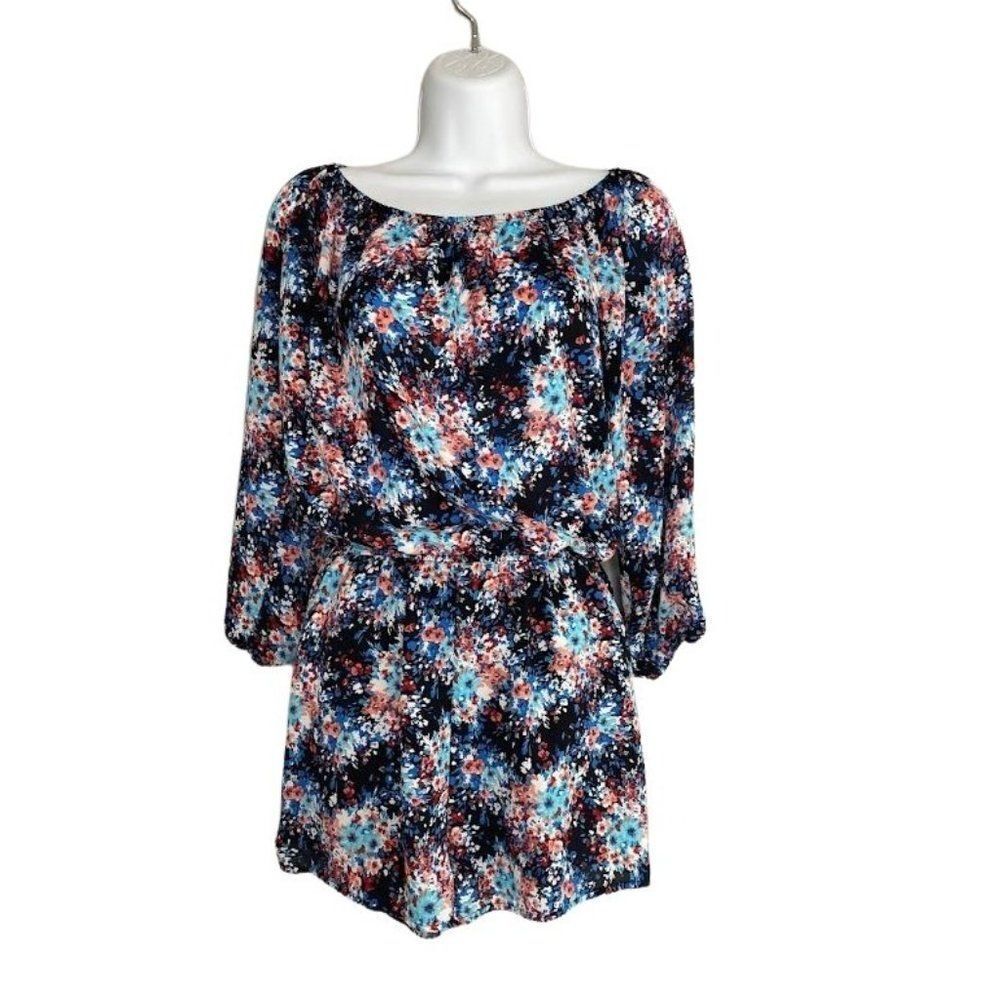 DESIGN LAB Black Floral 3/4 Sleeve Romper On or‎ Off Shoulder Sz Medium